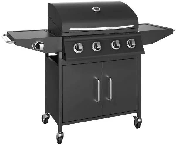 Kaasugrilli, jossa on 4 poltinta ja sivupoltin